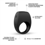 An image of the LELO Tor 2 Vibrating Cock Ring - Black. Text around the image highlights its features: wide range of vibration intensities, vibrations transfer sensations to both partners, made of extra soft silicone material, flexible to fit various sizes, and has a 29 mm diameter.