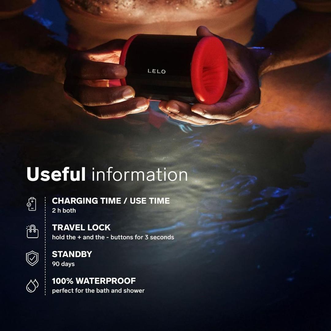 A person holds the LELO F2S Massager & Stroker Red above water. Text notes 2-hour charge/use, travel lock, 90-day standby, and it's 100% waterproof. Icons and "Useful information" highlight this app-controlled LELO masturbator.