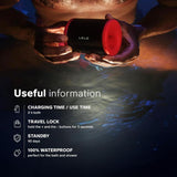 A person holds the LELO F2S Massager & Stroker Red above water. Text notes 2-hour charge/use, travel lock, 90-day standby, and it's 100% waterproof. Icons and "Useful information" highlight this app-controlled LELO masturbator.
