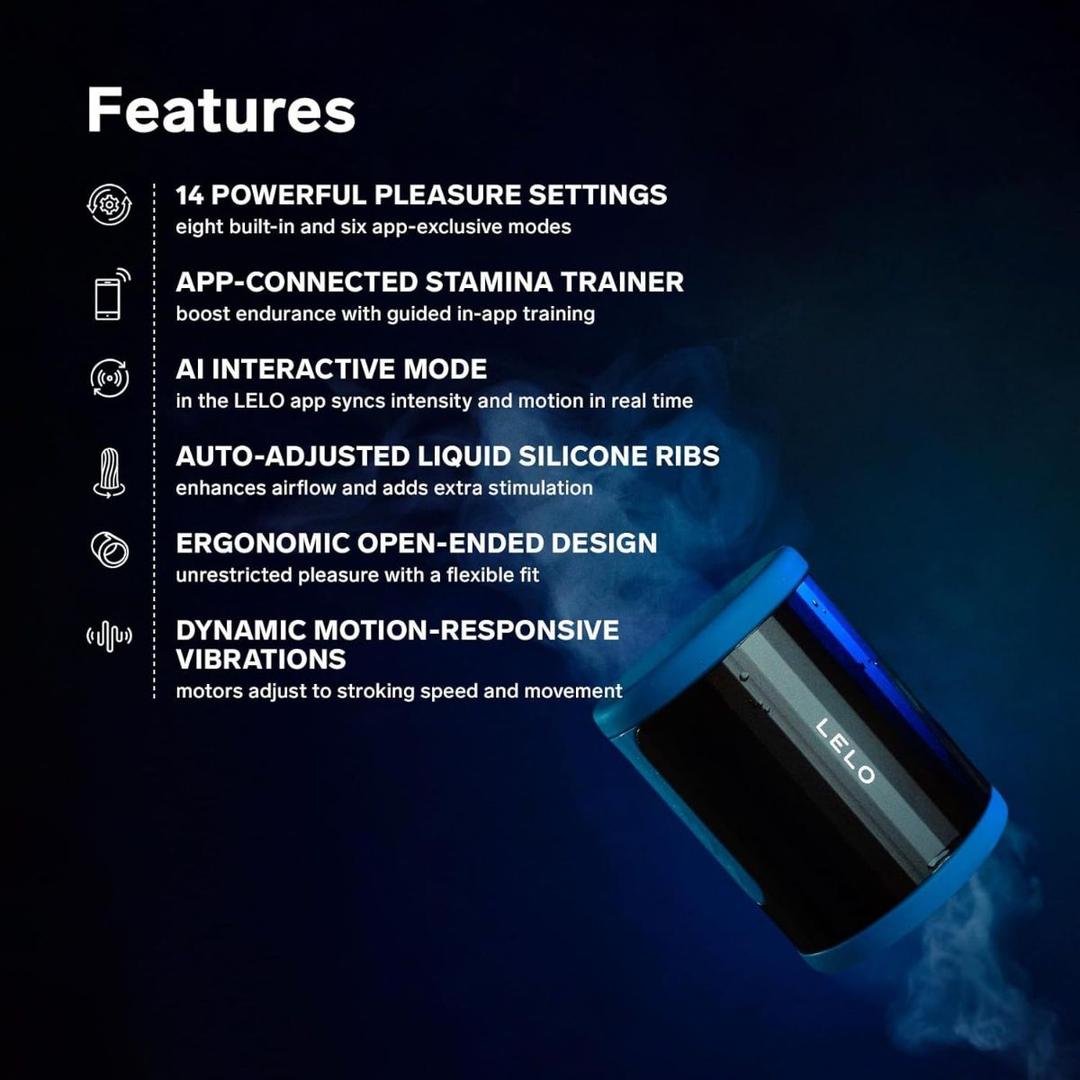 A red LELO F2S Massager & Stroker appears on the right, emitting blue mist. White text on the left highlights 14 settings, AI mode, liquid silicone ribs, open-ended design, and motion-responsive vibrations.