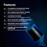 A red LELO F2S Massager & Stroker appears on the right, emitting blue mist. White text on the left highlights 14 settings, AI mode, liquid silicone ribs, open-ended design, and motion-responsive vibrations.