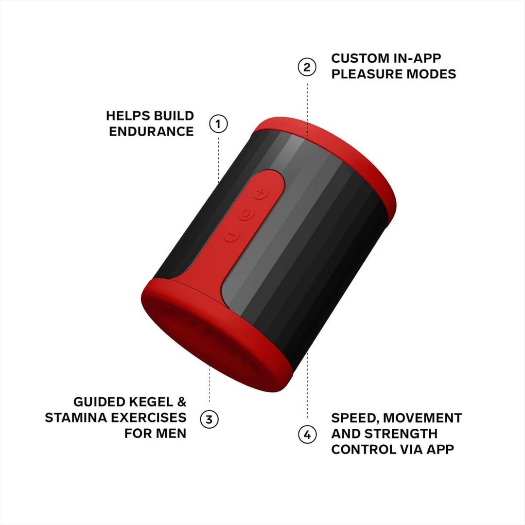 The LELO F2S Massager & Stroker Red is a black and red, app-controlled cylindrical masturbator. It features custom in-app pleasure modes, guided Kegel and stamina exercises for men, and speed, movement, and strength control.