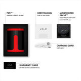 Box contents of the LELO F2S Massager & Stroker Red by LELO laid out: app-controlled red and black stroker, user manual, moisturizer sachet, USB cable, and warranty card, each with labeled text descriptions.