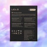 The LELO F2S Massager & Stroker Red by LELO is shown upright in its black box against a purple and blue blurred background, with white technical text and icons highlighting its app-controlled features and compatibility.