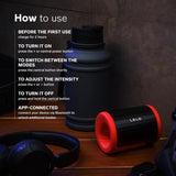 A black and red LELO F2S Massager & Stroker Red by LELO rests on a dark surface next to a water bottle and headphones, with usage instructions for this app-controlled masturbator shown in white text on the image.