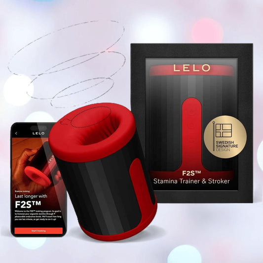 The LELO F2S Massager & Stroker: Dual-Ended Masturbator with App Control - Red is shown with its packaging and a smartphone displaying app controls, plus a gold badge highlighting "Swedish Signature Design. 1080