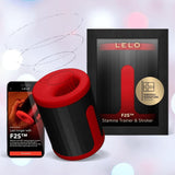The LELO F2S Massager & Stroker: Dual-Ended Masturbator with App Control - Red is shown with its packaging and a smartphone displaying app controls, plus a gold badge highlighting "Swedish Signature Design.