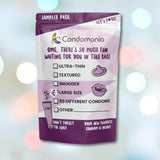 The "Large Size Condom Sampler" by Condomania includes 50 diverse condoms, offering Ultra-thin, Textured, Snugger, and Large Size options like Kimono MicroThin Large. Lube recommended to help you discover a new favorite under the blurred lights.