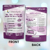 The front and back of a purple Condomania packaging highlight features like ultra-thin texture, snugger fit, and the inclusion of "Kimono MicroThin Large" in the 50 variety Large Size Condom Sampler. The back provides usage instructions with colorful text and playful cartoon illustrations.