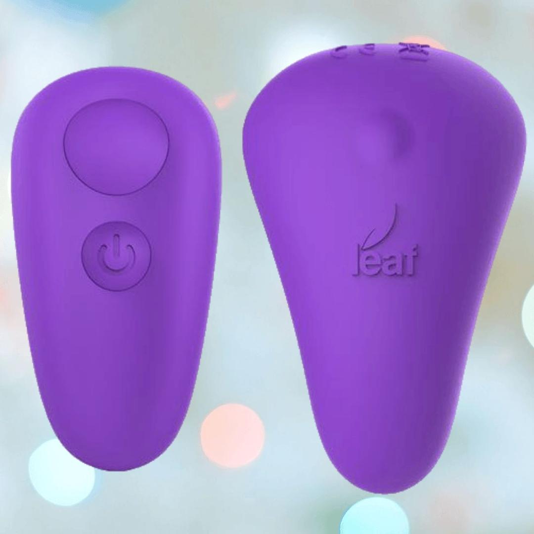 Two purple silicone BMS devices—the Leaf + Spirit Panty Vibe, one with a power button and one with raised "leaf" branding—are displayed against a softly blurred pastel background with gentle bokeh effects.