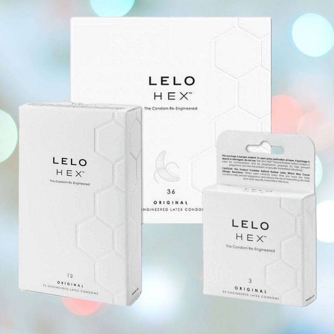 Three packages of Lelo Hex Original Ultra Thin Condoms are shown: a large package containing 36 condoms, a medium one with 12, and a small package with 3. The elegant white packaging showcases an innovative hexagonal structure design accompanied by black text.