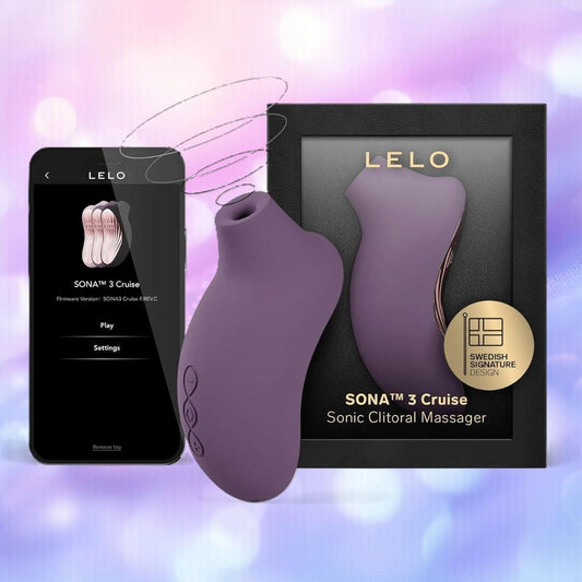 A LELO Sona 3 Cruise - Plum clitoral massager is pictured beside its box and a smartphone showing the app interface, set against a blurred pink and purple background. 1080
