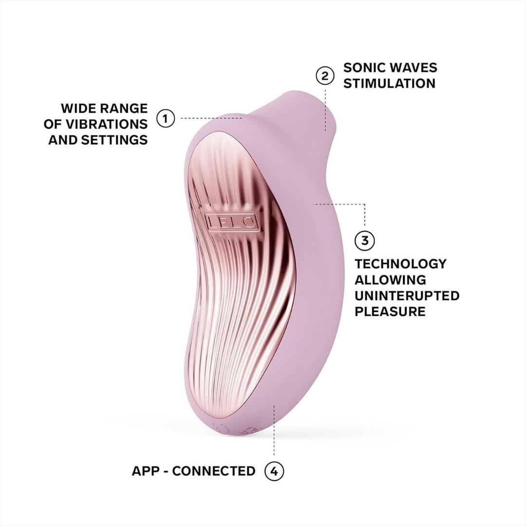 The LELO Sona 3 Cruise - Soft Pink is a handheld device with labeled features, including multiple vibration settings, sonic wave stimulation, Cruise technology for steady power, and app connectivity.