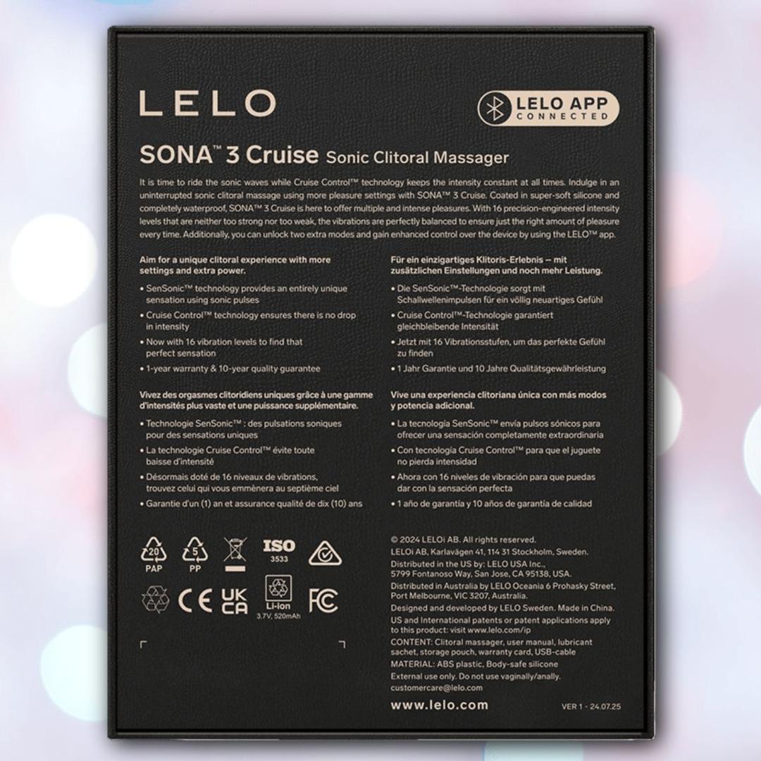 The back of the LELO Sona 3 Cruise - Soft Pink packaging features its sonic wave technology, body-safe silicone, and product info in multiple languages on a sleek black background with the LELO logo.