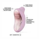 The LELO Sona 3 Cruise - Soft Pink is a handheld device with labeled features, including multiple vibration settings, sonic wave stimulation, Cruise technology for steady power, and app connectivity.