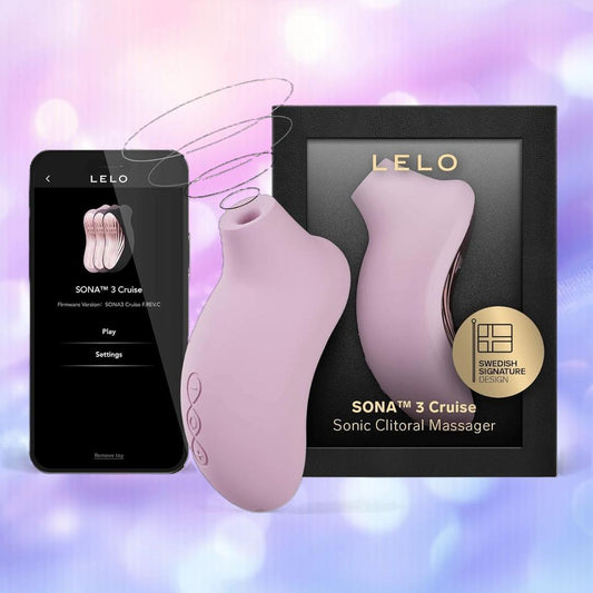 The LELO Sona 3 Cruise - Soft Pink is shown next to its black and gold box and a smartphone displaying its app controls, with a soft purple and blue background. 1080