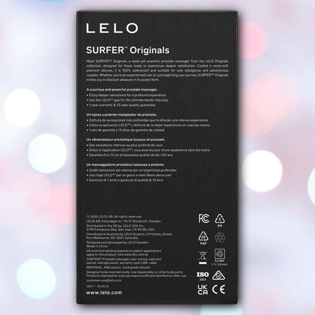 The back of a LELO KAYA Originals Purple box features details about its dual-action rabbit vibe in English, Spanish, and Italian, under the label "SURFER Originals," with certification logos and LELO company info at the bottom.