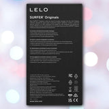 The back of a LELO KAYA Originals Purple box features details about its dual-action rabbit vibe in English, Spanish, and Italian, under the label "SURFER Originals," with certification logos and LELO company info at the bottom.