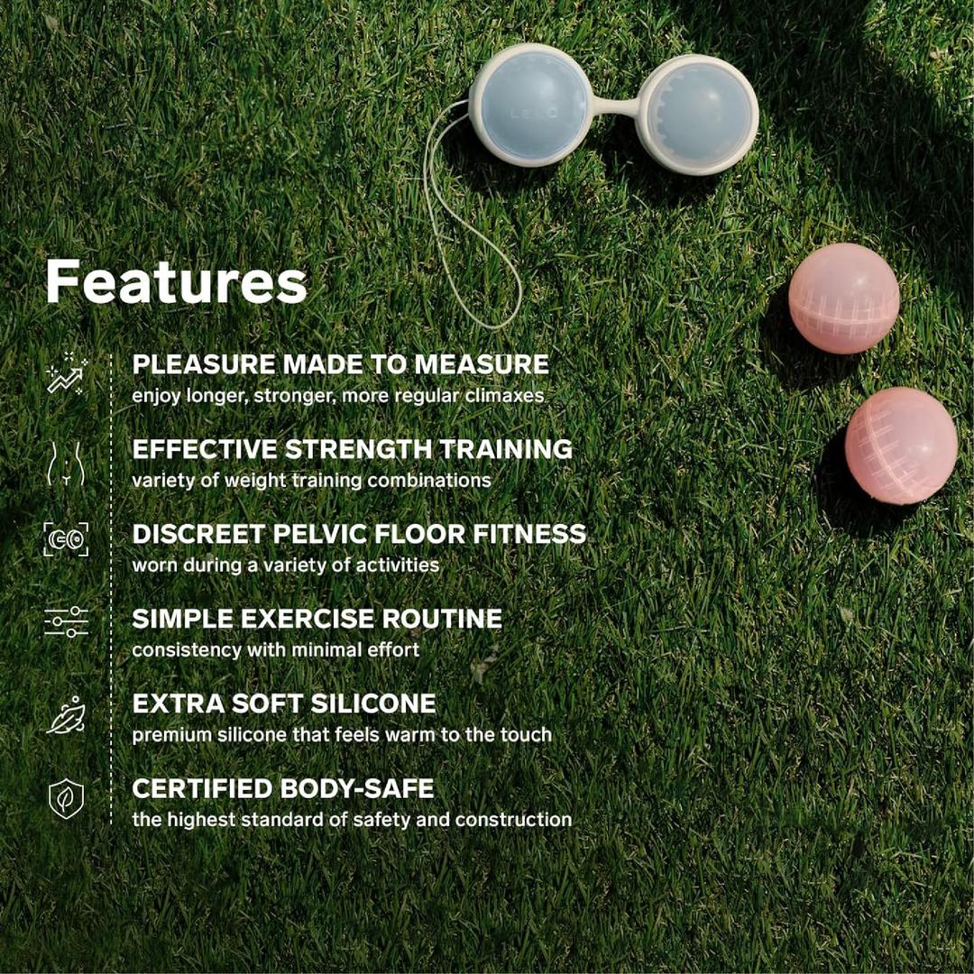 Three sets of LELO Luna Beads, silicone pelvic floor training Kegel balls by Lelo, are shown on green grass beside a list highlighting pleasure, strength training, body-safe certification, and weighted beads.