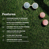 Three sets of LELO Luna Beads, silicone pelvic floor training Kegel balls by Lelo, are shown on green grass beside a list highlighting pleasure, strength training, body-safe certification, and weighted beads.