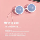 LELO Luna Beads: Pelvic Floor Training Kegel Balls by Lelo, in light purple with a white holder and string, rest on a pink surface. Instructions and pelvic floor wellness tips appear in white text beside the beads.