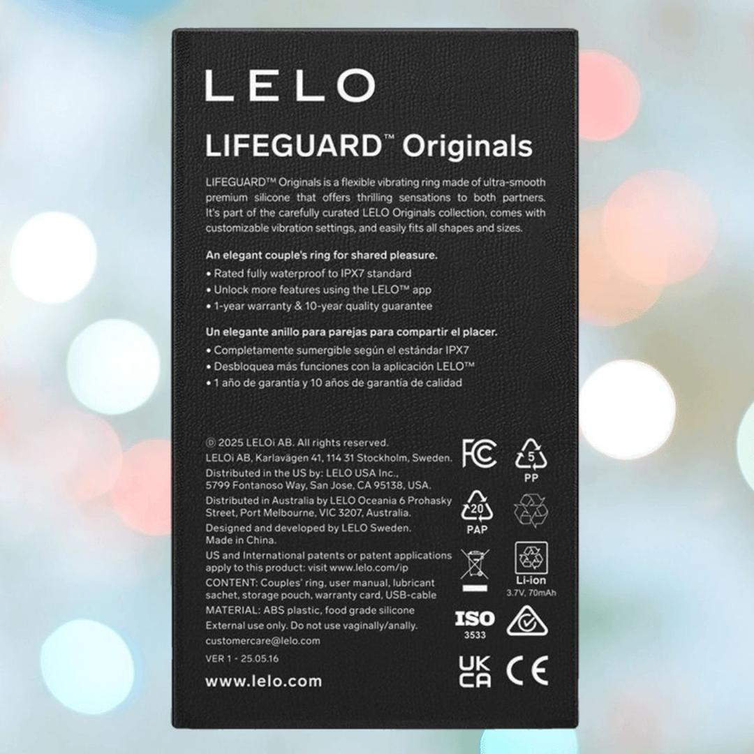 The back of the LELO LIFEGUARD Originals Purple box highlights features, specs, warranty, company info, safety icons, and a website on a soft blue and pink bokeh background.