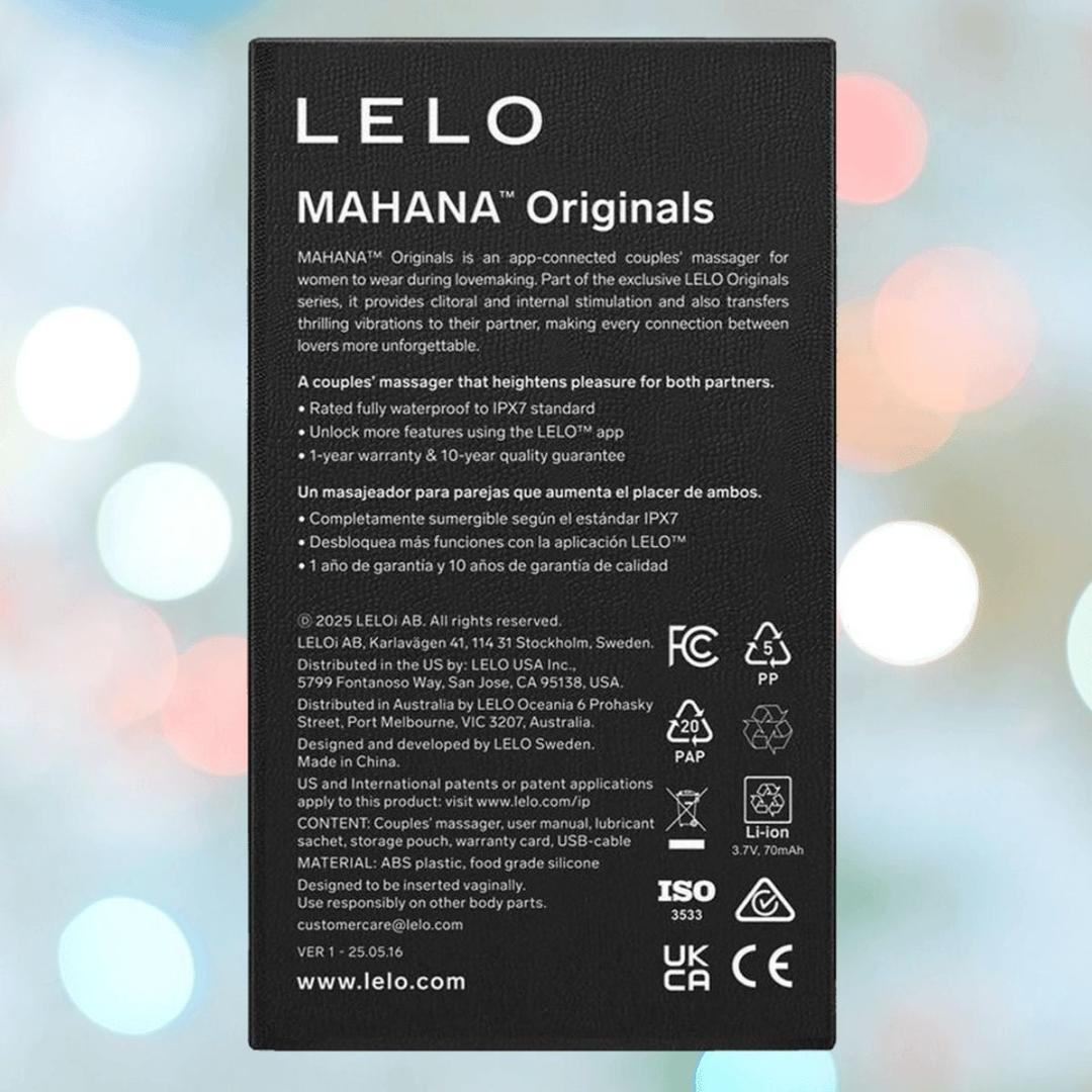 A LELO MAHANA Originals Purple box with white text details and certifications for the app-connected couple’s massager is shown, with blurred pastel lights in the background.