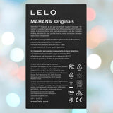 A LELO MAHANA Originals Purple box with white text details and certifications for the app-connected couple’s massager is shown, with blurred pastel lights in the background.
