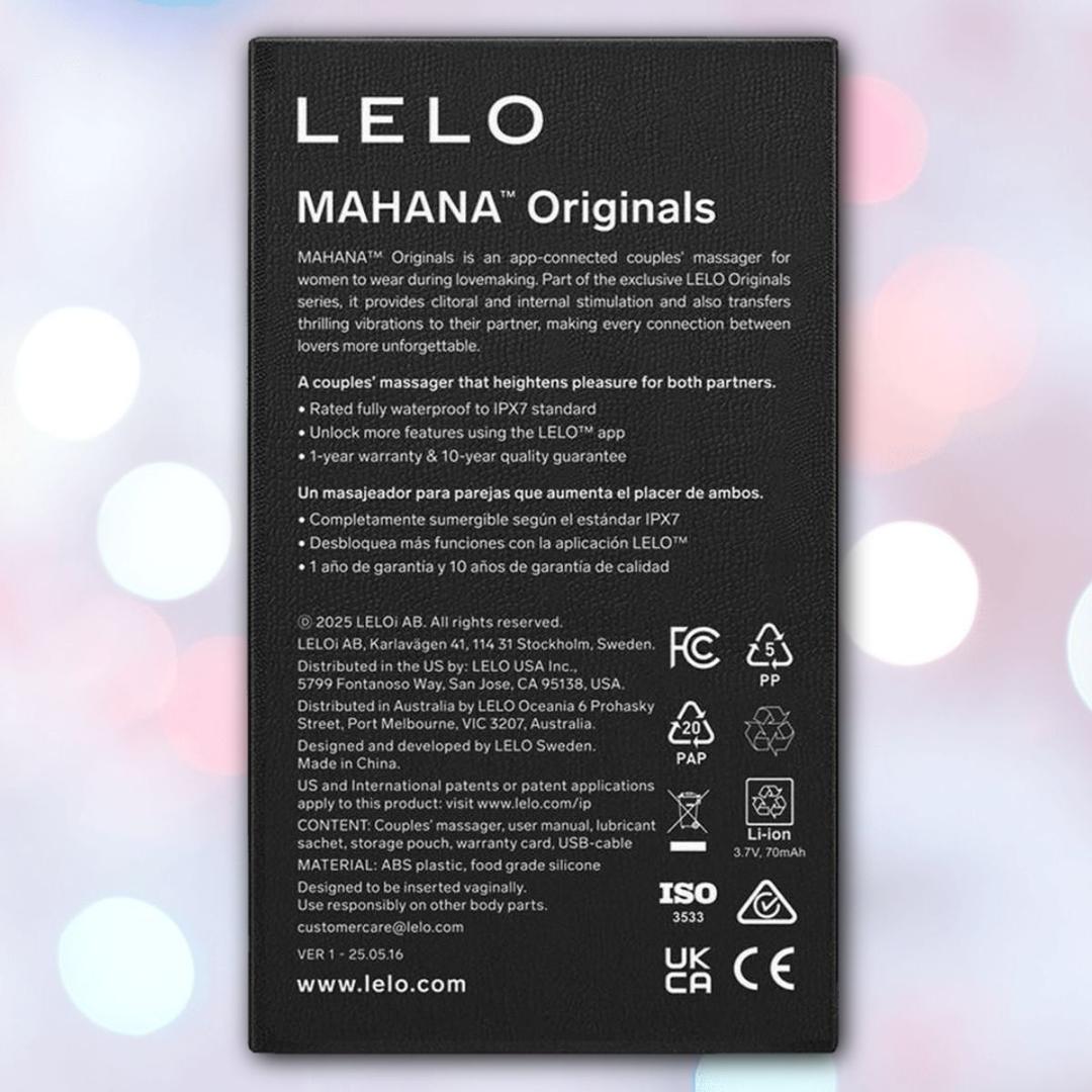 A close-up of the LELO MAHANA Originals Purple box shows features of this flexible vibrator, with descriptions, instructions in English and Spanish, company info, certification icons, and regulatory symbols on a blurred background.