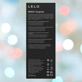 Black rectangular box featuring the LELO brand and "Lelo MOKA Originals Purple" at the top. Packaging highlights this waterproof G-spot vibrator, with product info and instructions in multiple languages on a colorful background.