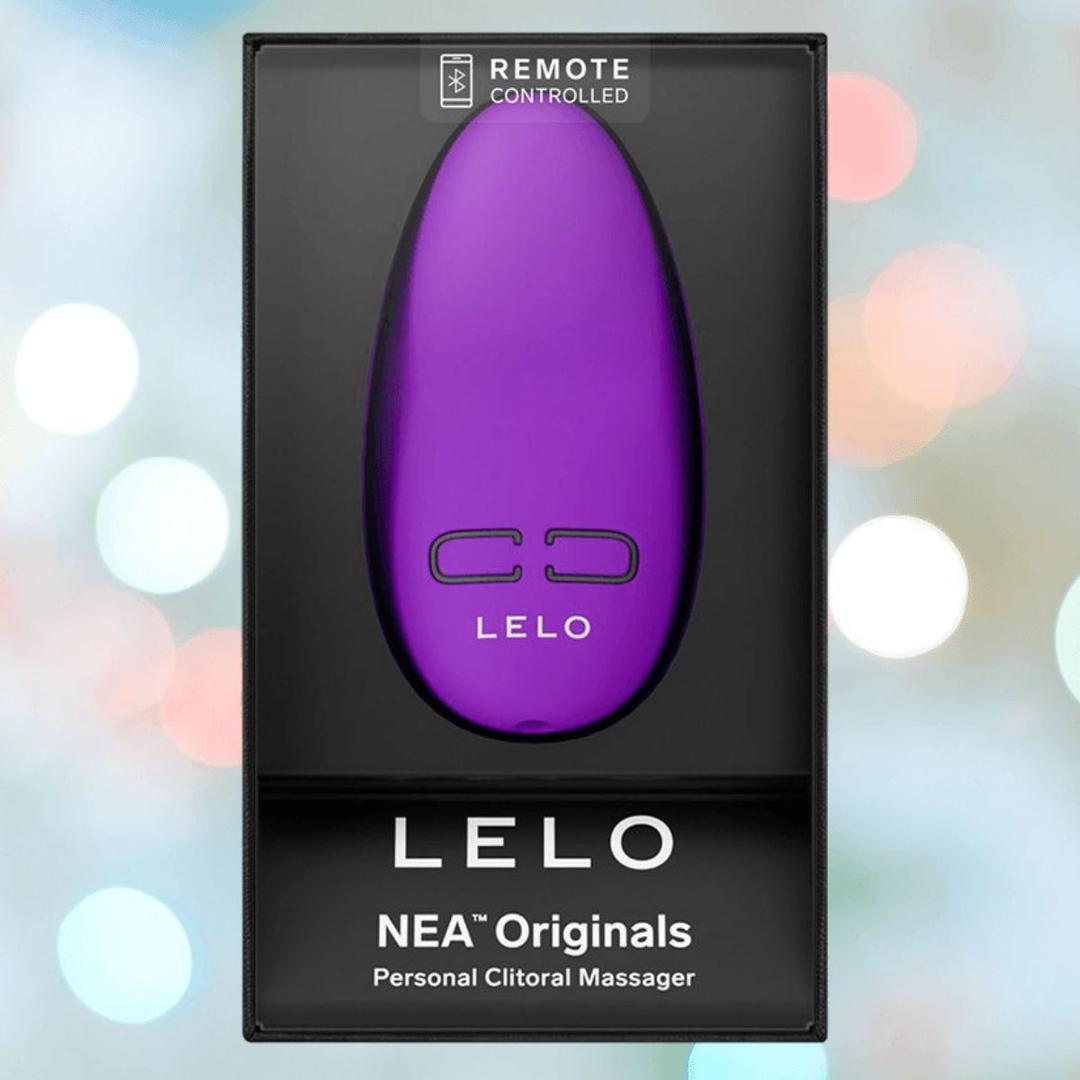 A boxed Lelo NEA Originals Purple by LELO, featuring a purple, oval-shaped design. The packaging displays "REMOTE CONTROLLED" at the top and "Personal Clitoral Massager" at the bottom.