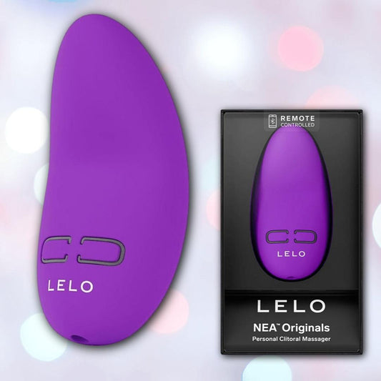 The LELO NEA Originals Purple waterproof vibrator is displayed beside its black packaging, which features the product name and branding along with a view of the massager on the front. 1080