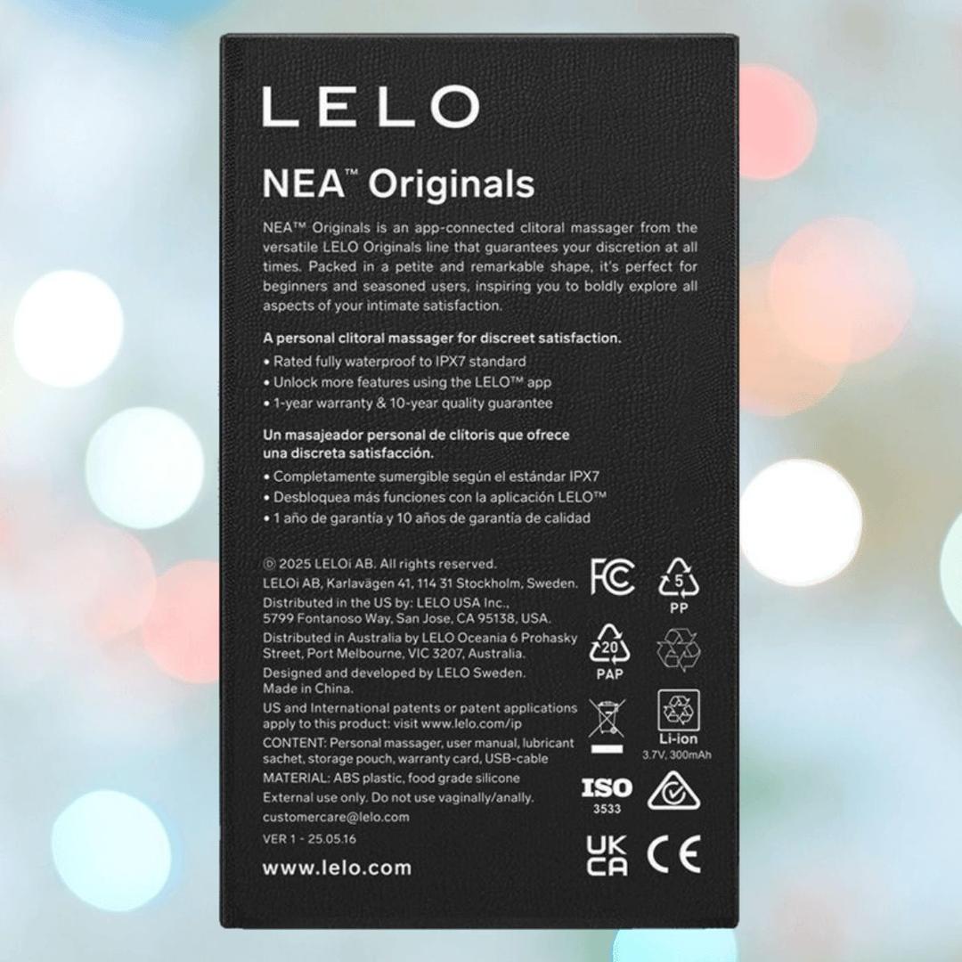 Box for LELO NEA Originals Purple by LELO displays English and Spanish product details, care instructions, certification logos, and company info on a pastel bokeh background.