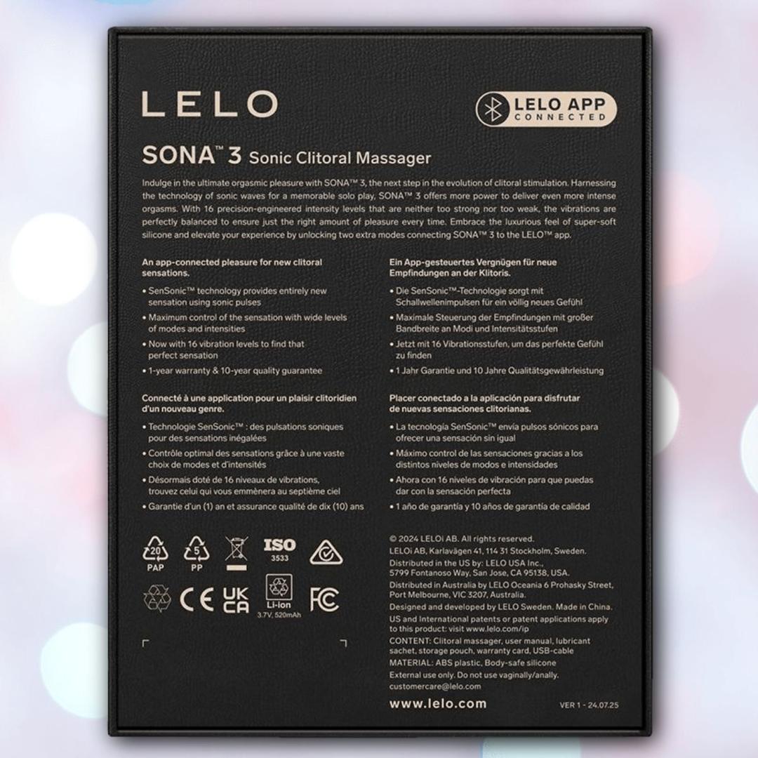 The back of the LELO Sona 3 - Cream box shows product details, icons, SenSonic specs, app info, and multilingual instructions on a sleek black background.