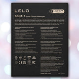 The back of the LELO Sona 3 - Cream box shows product details, icons, SenSonic specs, app info, and multilingual instructions on a sleek black background.