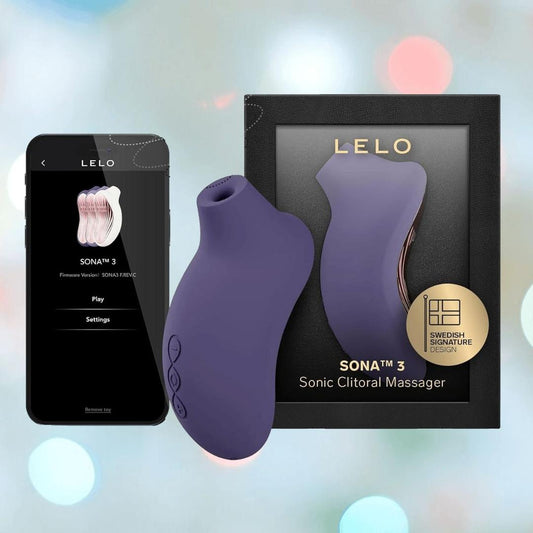 A LELO Sona 3 - Cyber Purple clitoral massager is shown beside its black and gold packaging and a smartphone displaying the LELO app controls. 1080