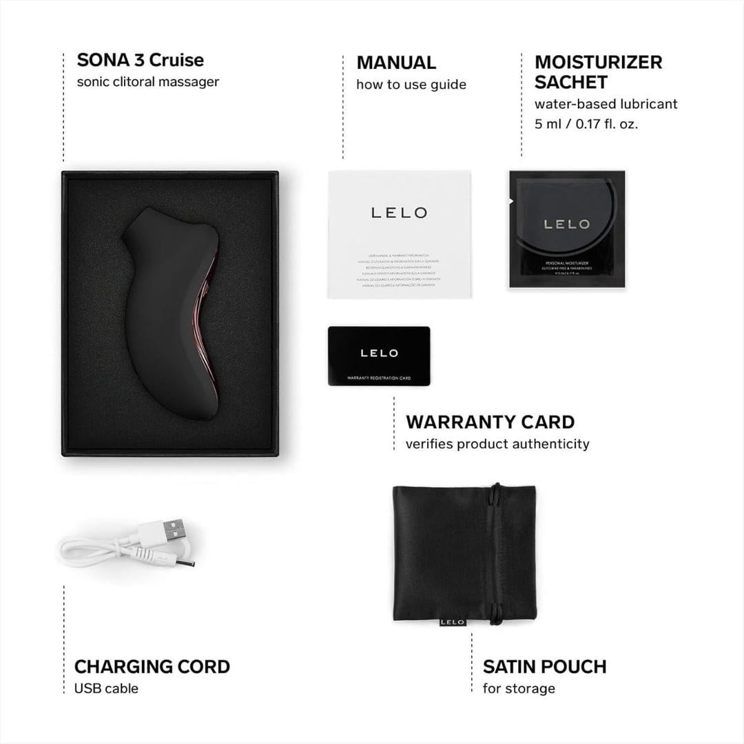 The LELO Sona 3 Cruise - Black by LELO is shown on a white background with its box, manual, moisturizer sachet, warranty card, USB charging cord, and satin pouch.