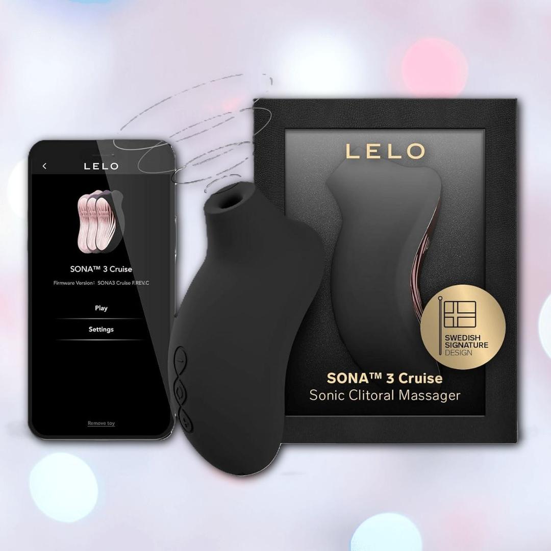 The LELO Sona 3 Cruise - Black, a body-safe silicone sonic clitoral massager, is shown beside its packaging and a smartphone displaying the device's control app.