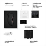 The LELO Sona 3 Cruise - Black by LELO is shown on a white background with its box, manual, moisturizer sachet, warranty card, USB charging cord, and satin pouch.