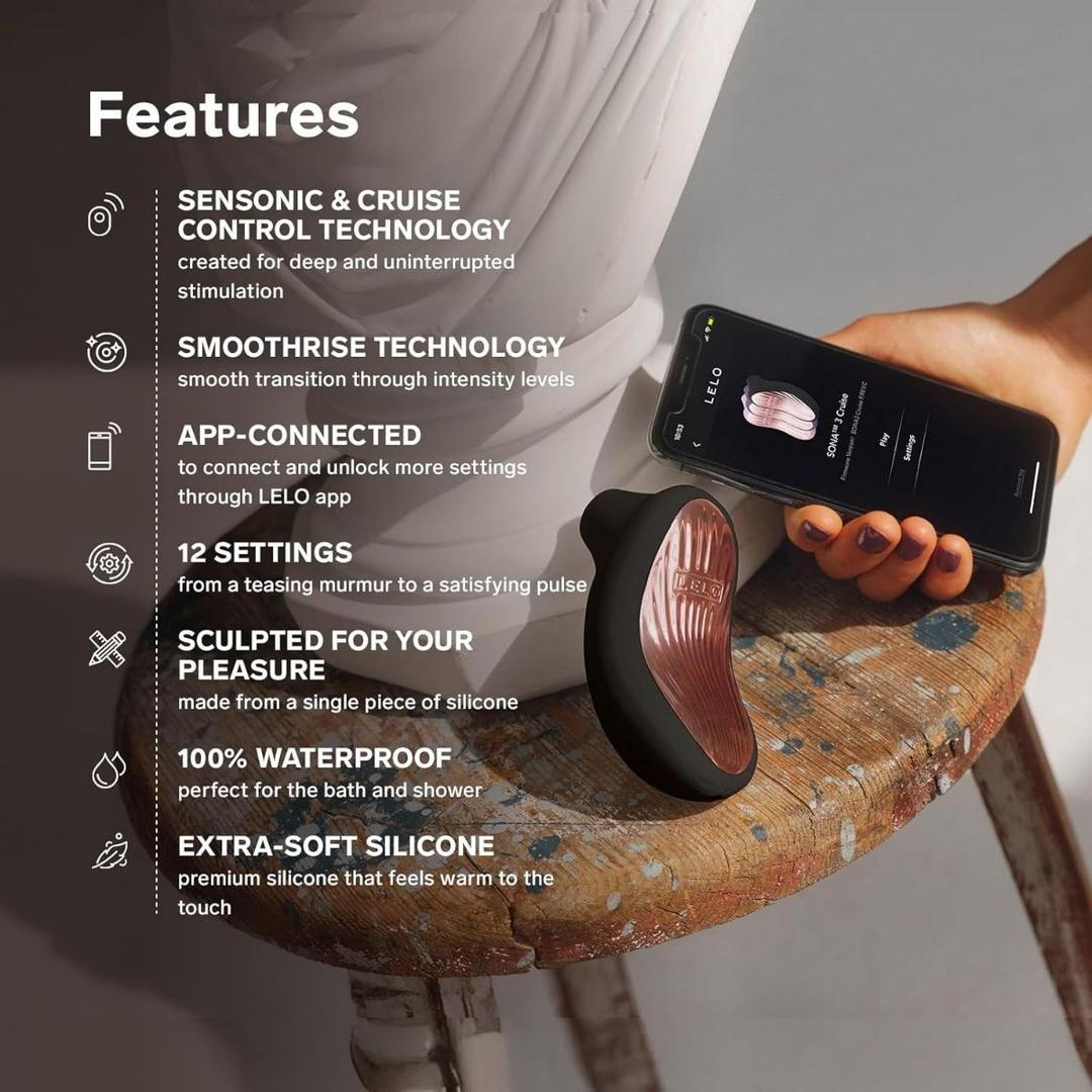A person holds a phone with an app as the LELO Sona 3 Cruise in black rests on a wooden stool. Features listed include app connectivity, waterproof design, and multiple settings.