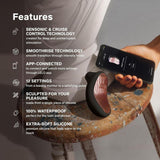 A person holds a phone with an app as the LELO Sona 3 Cruise in black rests on a wooden stool. Features listed include app connectivity, waterproof design, and multiple settings.