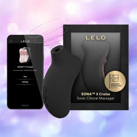 A LELO Sona 3 Cruise - Black clitoral massager by LELO is pictured next to its packaging and a smartphone showing the control app, all set against a blurred pink and purple background. 1080