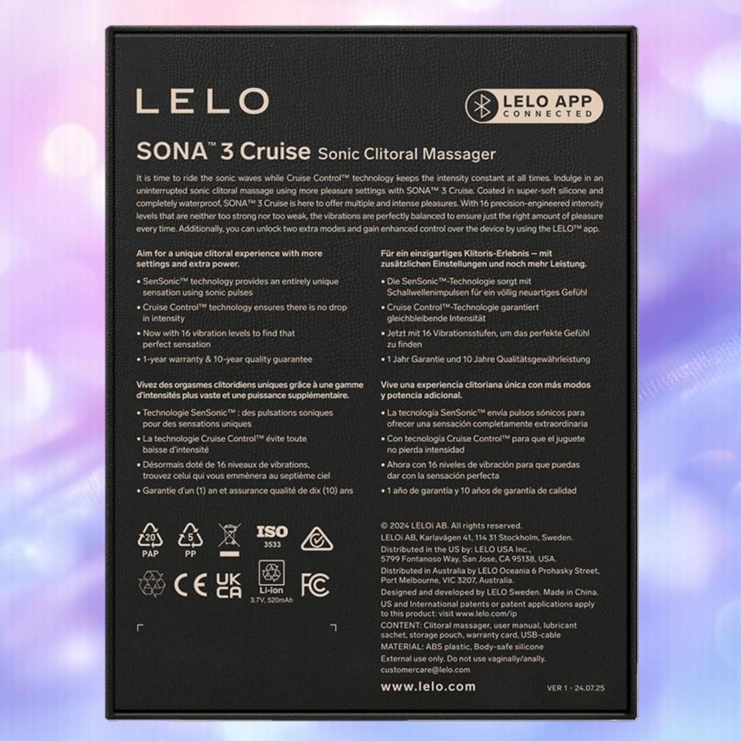 The back of a LELO Sona 3 Cruise - Black box features product details, specs, and multilingual instructions on a black background with a soft purple and pink gradient.