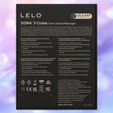 The back of a LELO Sona 3 Cruise - Black box features product details, specs, and multilingual instructions on a black background with a soft purple and pink gradient.