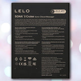 The back of a LELO Sona 3 Cruise - Black box lists features and specs in several languages, showcases its body-safe silicone, displays certification icons, and includes the LELO website URL.