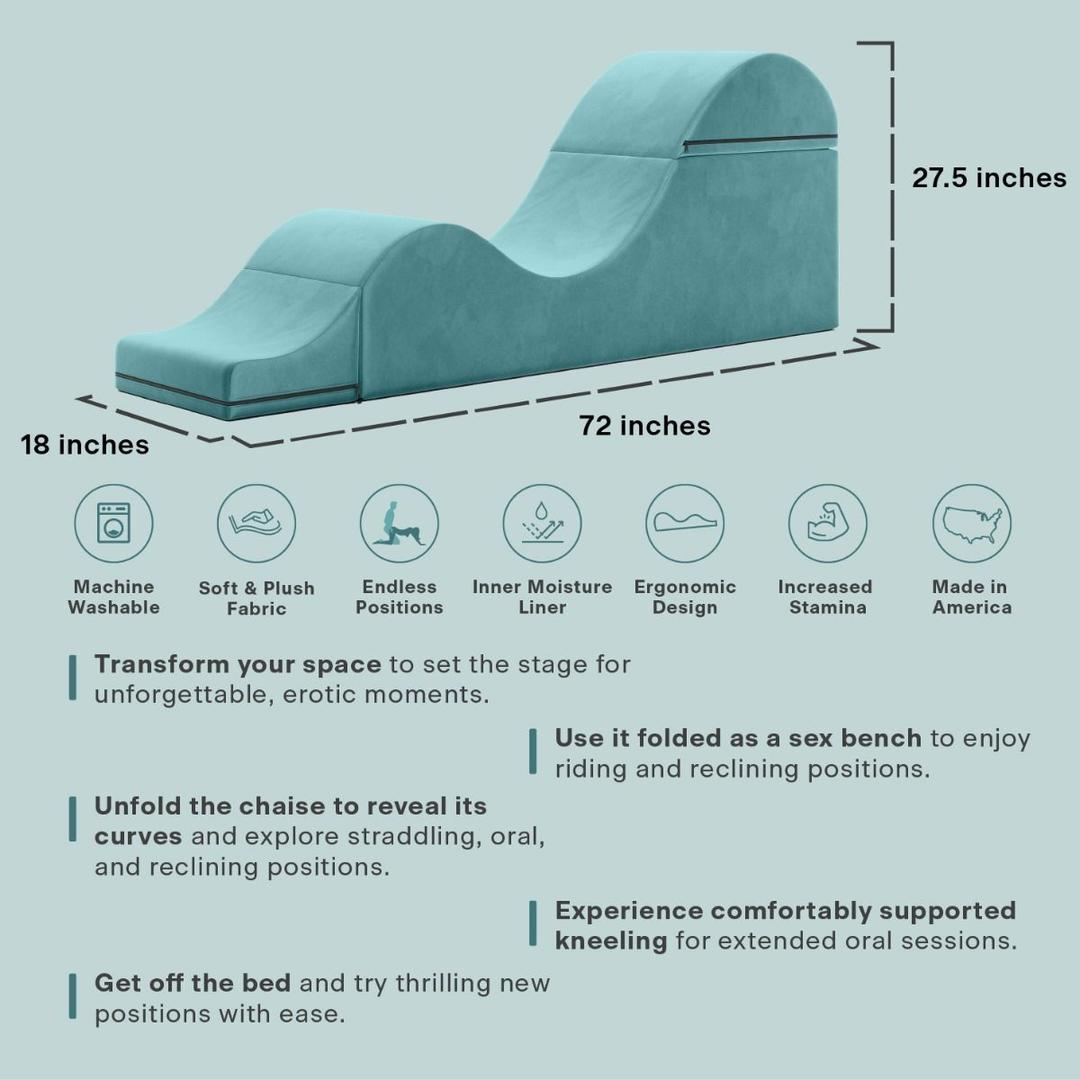 The Liberator Aria Chaise in grey by Liberator is an ergonomic, wave-shaped convertible love lounge (72"L x 18"W x 27.5"H) featuring soft fabric and designed for multiple intimate uses, as shown by the icons below.