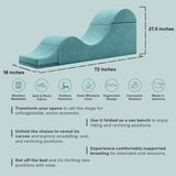 The Liberator Aria Chaise in grey by Liberator is an ergonomic, wave-shaped convertible love lounge (72"L x 18"W x 27.5"H) featuring soft fabric and designed for multiple intimate uses, as shown by the icons below.