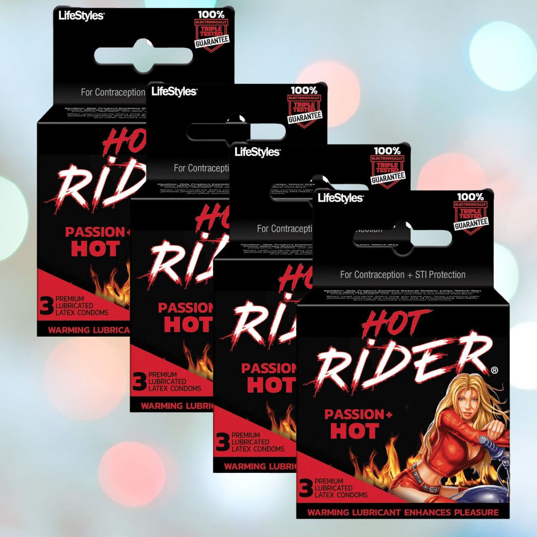 Image of three boxes of LifeStyles 'Hot Rider' Condoms with Warming Lube 🔥 featuring the tagline "Passion + Hot." Each box contains three premium lubricated latex condoms and showcases an illustration of a woman in red attire on a motorcycle. The packaging highlights "Warming Lubricant Enhances Pleasure," ensuring enhanced pleasure.