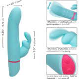 The CalExotics Love Bunny Beaded “G” Bunny is a blue dual-action vibrator with labeled measurements, rotating beads in the shaft, a vibrating bunny-shaped stimulator, and control buttons. Insets highlight features with close-ups and pink arrows.