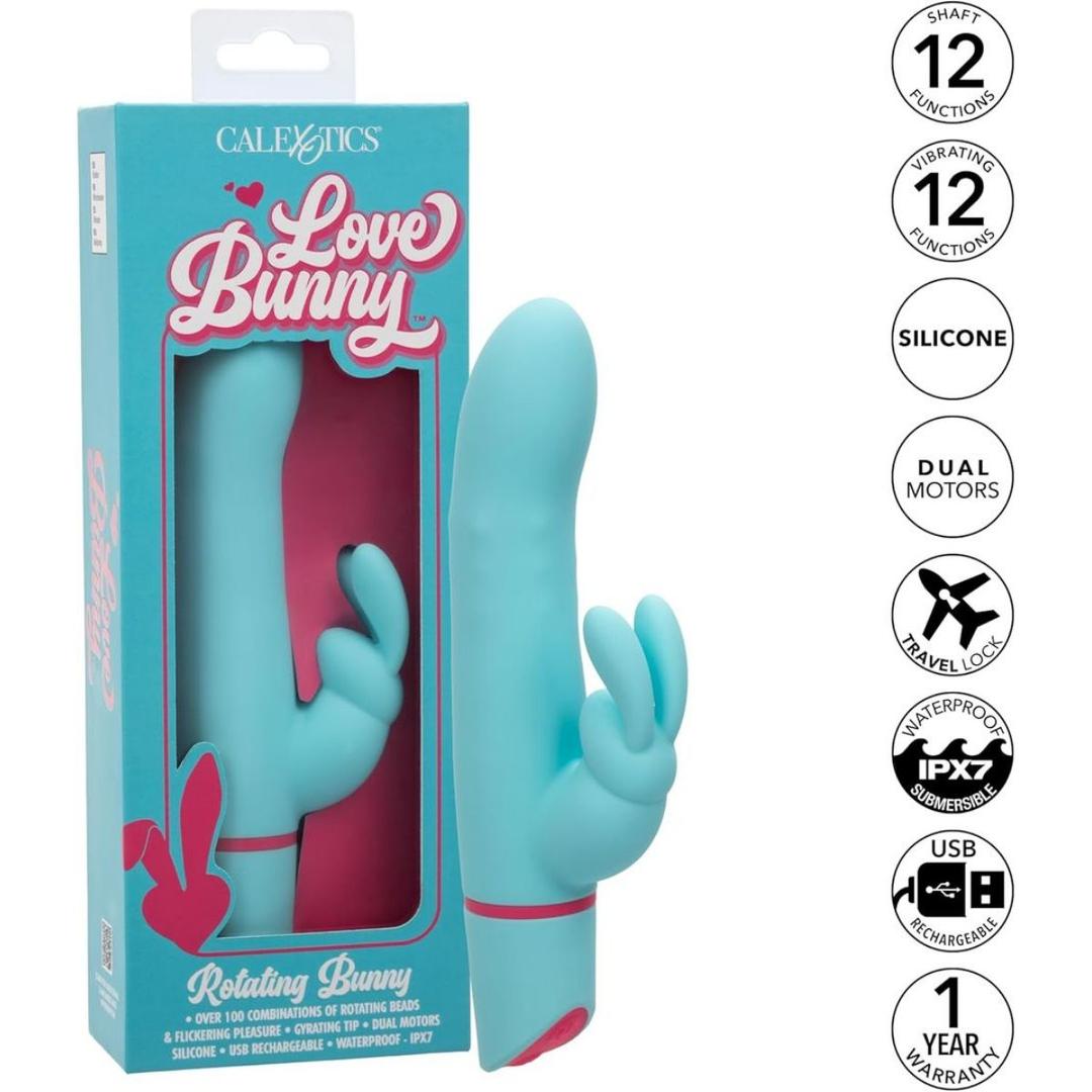 The CalExotics Love Bunny Beaded “G” Bunny, a blue silicone rabbit vibrator, is shown beside its packaging. Icons highlight 12 functions, dual motors, waterproofing, USB charging, travel lock, silicone build, and a 1-year warranty.